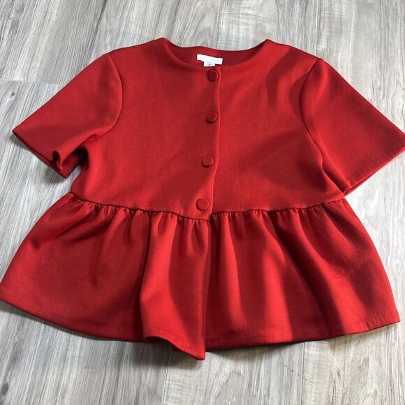 H&M Scuba Peplum Holiday Red Festive Button Down Blazer Top Size Medium - Picture 4 of 8